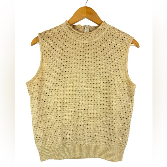 St. John Collection Gold Metallic Knit Sleeveless Mock Neck Tank Top M Vintage